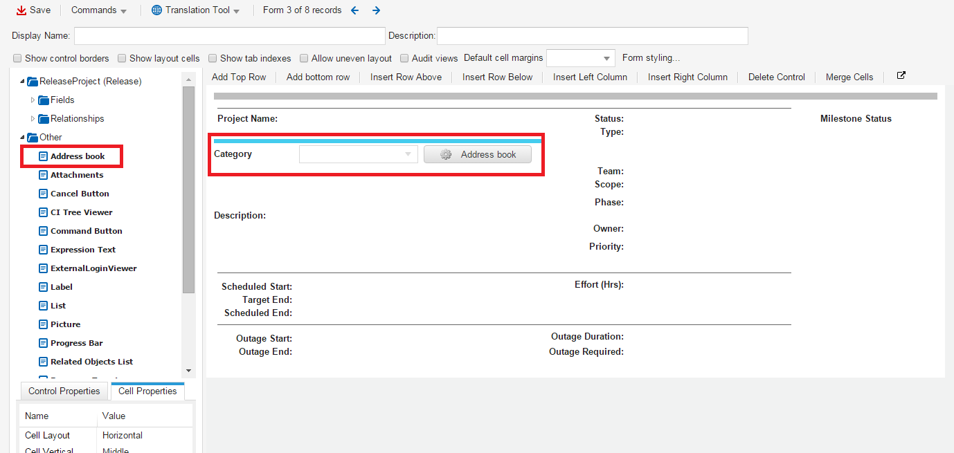 Placing the Address Book control on a form.