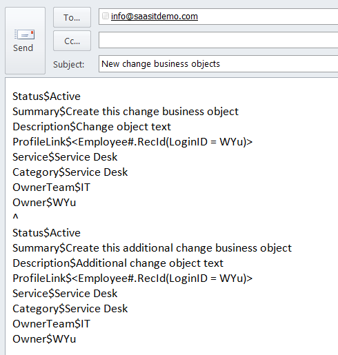 Sending an email to create multiple business object records.