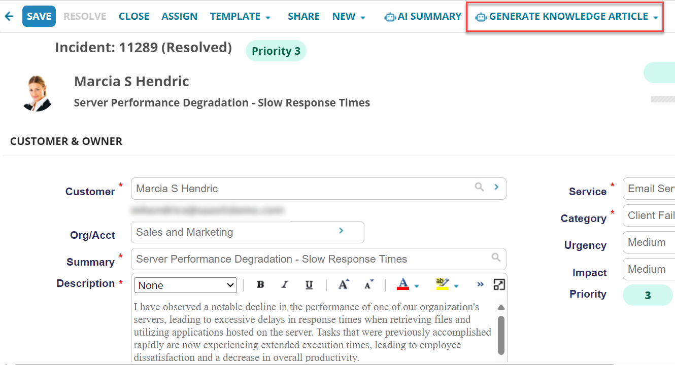 Generate Knowledge Article button in Incident Page