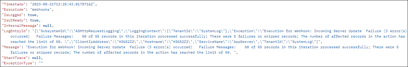 Snippet of service log for Run for Collection Action
