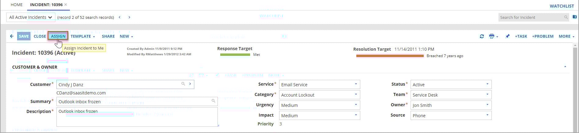 Assigning an Incident to yourself