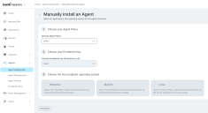 Manually install an Agent screen with options to choose the Agent Policy, Enrollment Key and host operating system. Download button at the bottom left