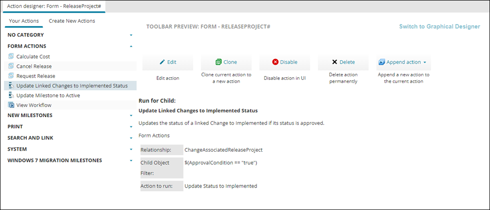 paramets for an example using Run for Child to change status of a release project business object