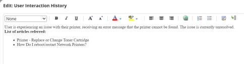 User Interaction History window