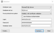 Window containing the required information to connect to an existing Datastore using Microsoft SQL Server