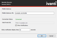 Identity Director Windows Client Settings window. Here you can configure the Mobile Gateway URL, see the connection status and the Web Portal URL, and configure notifications.