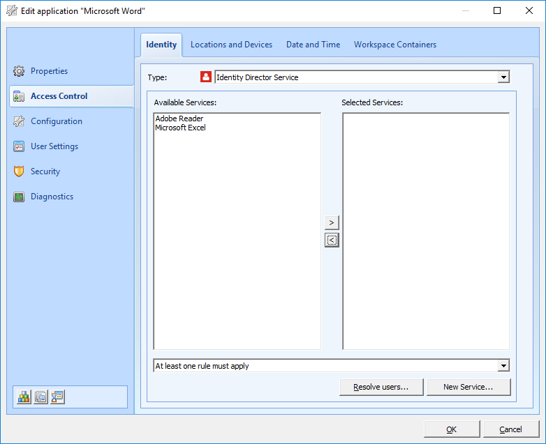 Access Control > Identity tab of the Edit application window Access Control > Identity tab of the Edit application window