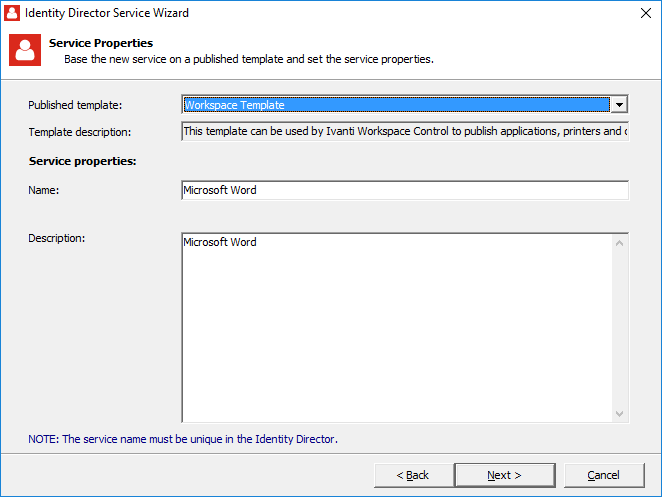 Service Properties window of the Identity Director Service Wizard Specify service properties in the Identity Director Service Wizard