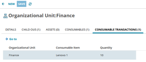 Consumables assigned to a financial owner display under the tabs for Consumables and Consumable Transactions.