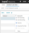 The column header menu showing how Group By This Field is selected to group contract line items under their contracts. 