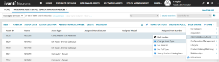 More drop-down menu used by Asset Administrators to change an asset type.