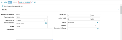 Click Raise PO Vendor to complete the submission of a purchase order to CDW.