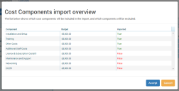 Schedule stage - Cost Components Import Overview pop-up screen