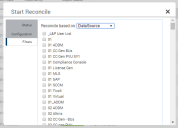 Start Reconcile pop-up screen: Filter page - Data Source list