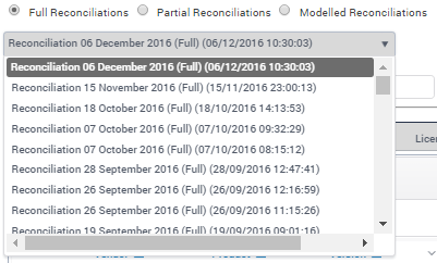 Data Summary page: Reconciliations drop-down list