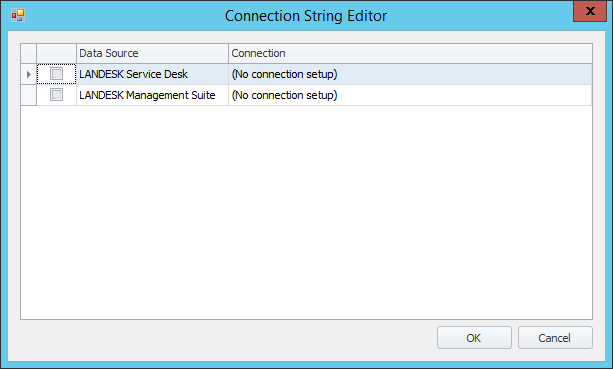 The Connection String Editor dialog displays all of the data sources within your data model. 