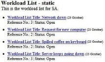 Image of a workload list containing example rows, the first of which is a link to an item followed by "Reference No.: 3 Status: Open