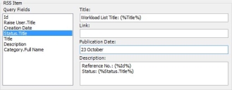 RSS Item dialog with a Description field showing: Reference No.: (%Id%) Status: (%Status.Title%)