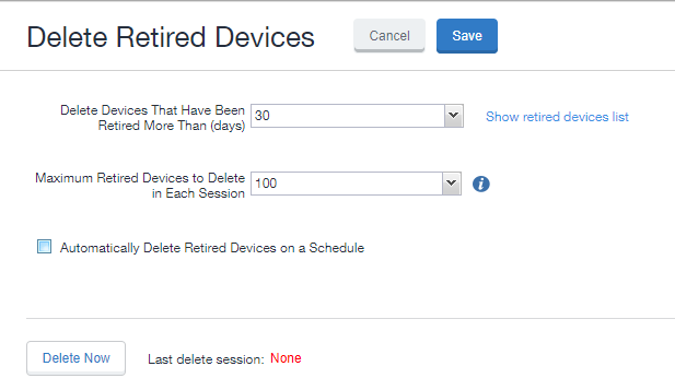 Delete Retired Devices page