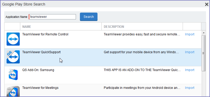 Google Play Store search results on TeamViewer