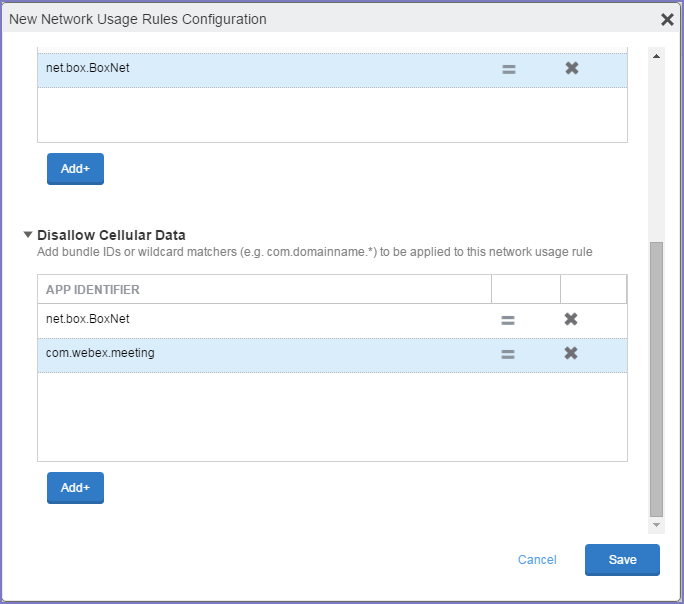 Network usage rules configuration: Disallow cellular data