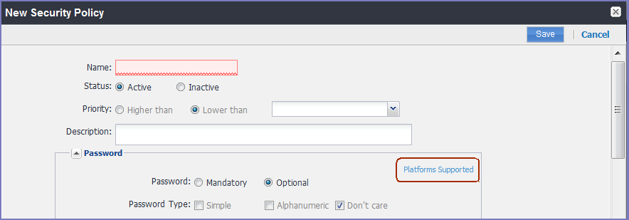 New Security Policy dialog box with Platforms Supported circled.