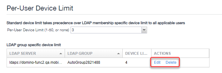 Registration page, LDAP group-specific device limit table