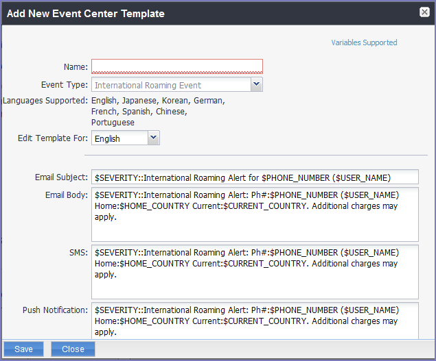 Add New Event Center Template dialog box