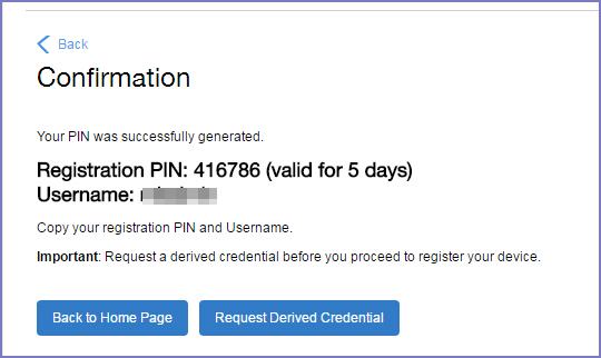 Registration PIN received, now Request Derived Credential dialog box