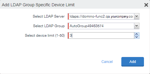 Registration page, add LDAP Group Specific Device Limit dialog box