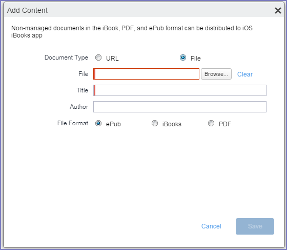 Add Content dialog box for distributing to the iOS iBooks app