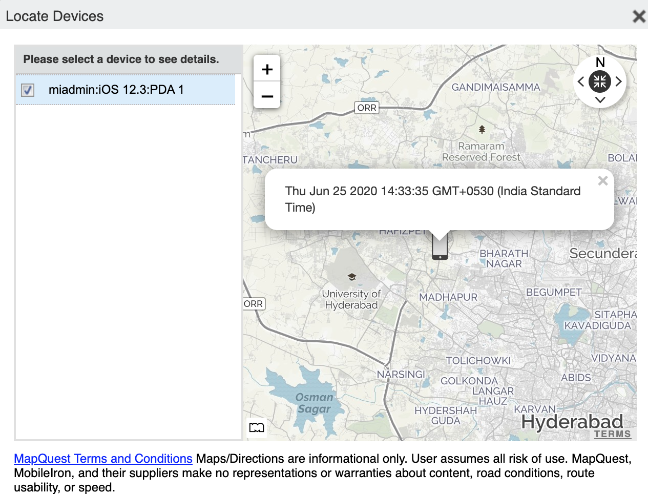 Locate Devices dialog box displaying location of device