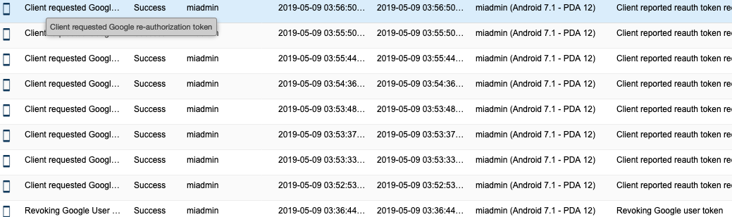 Logs showing client requested Google re-authorization token