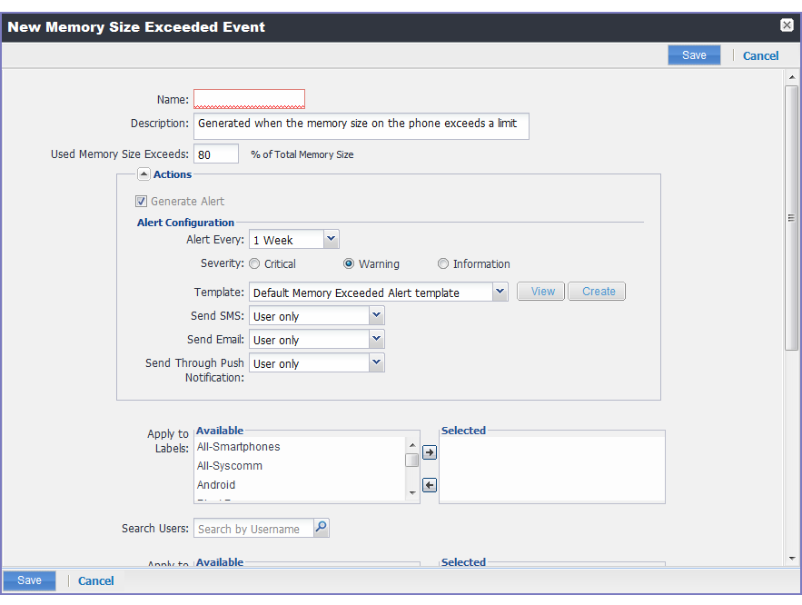 In the Event Settings dialog box, select Memory Size Exceeded Event.
