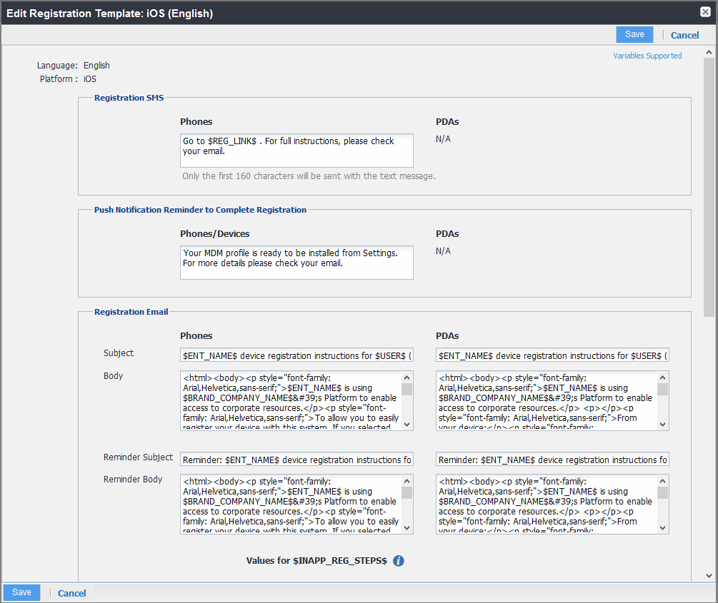 Editing your registration template dialog box