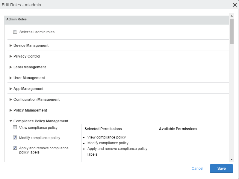 Compliance Policy Management section of the Admin Roles dialog box.