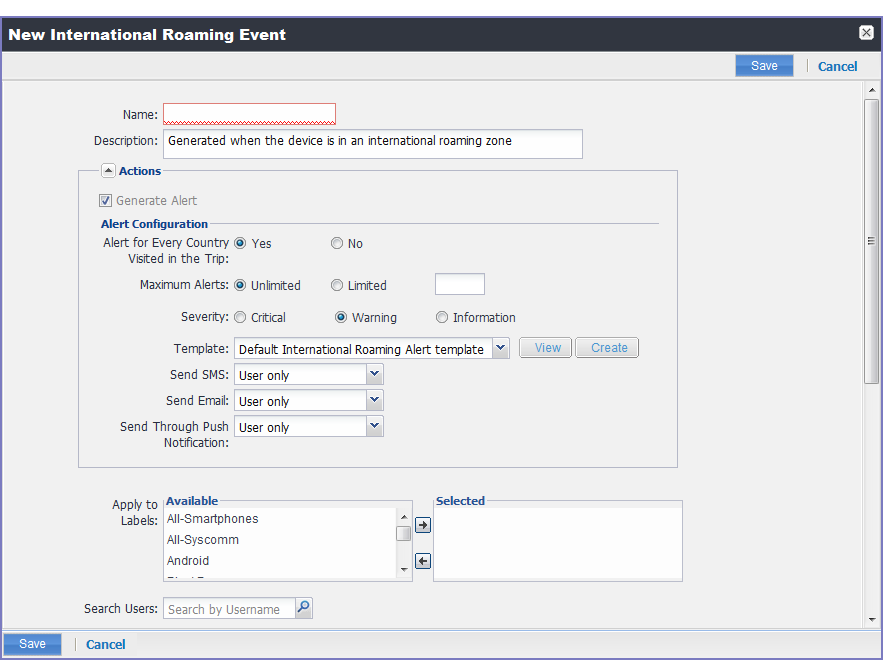 New International Roaming Event dialog box