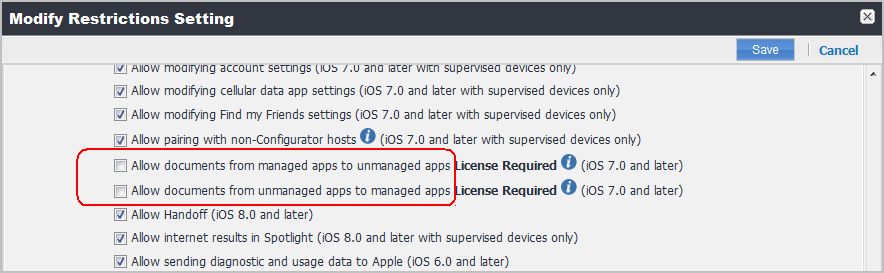 Example restrictions configuration with the managed apps options disabled.