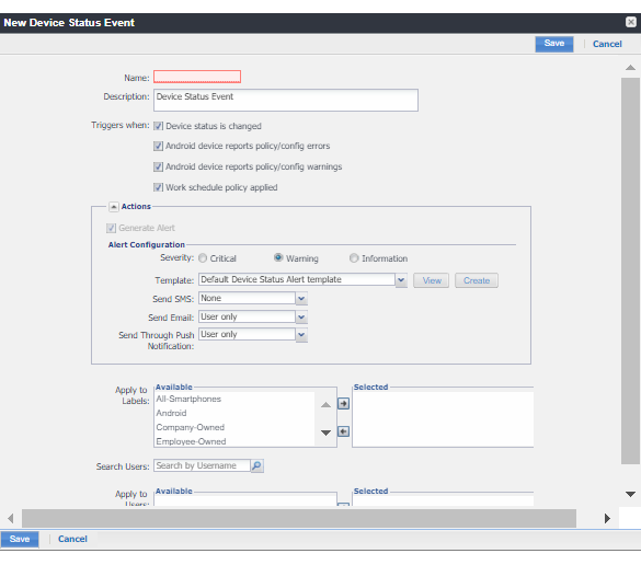 New Status Event dialog box