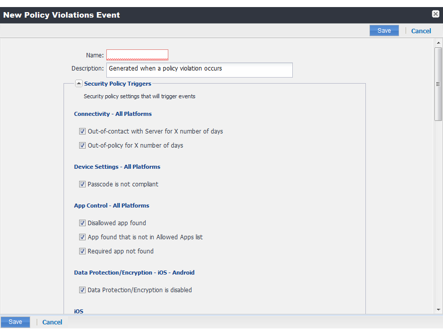 New Policy Violations Event dialog box 