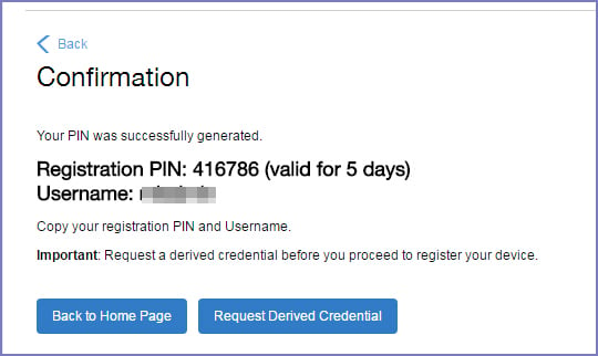 Registration PIN received, now Request Derived Credential dialog box