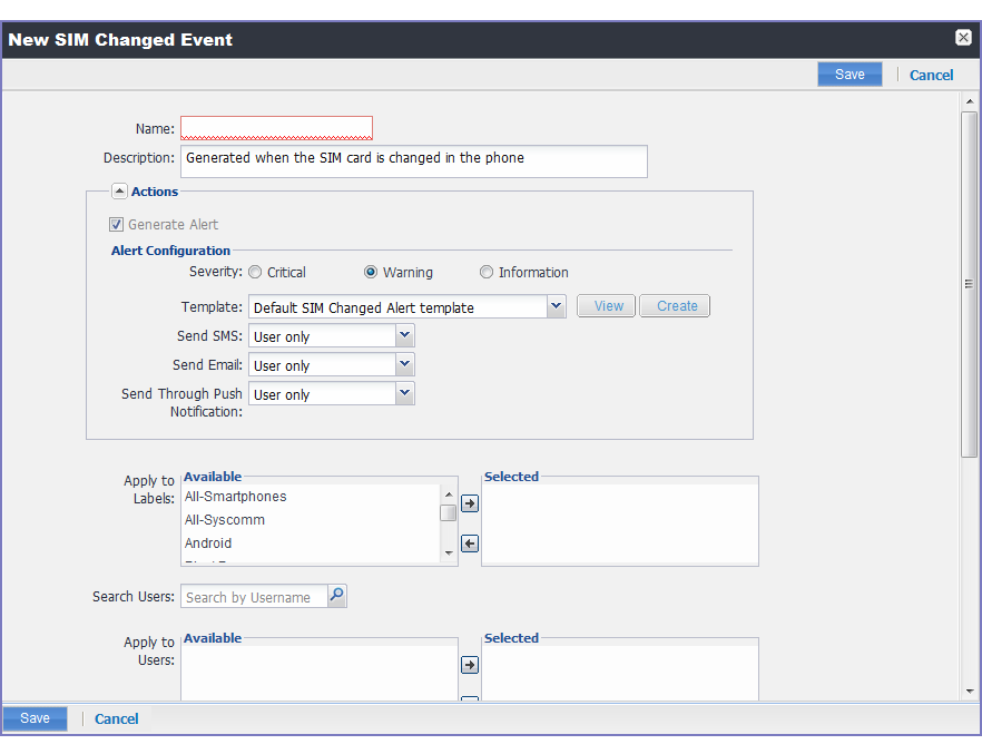 New SIM Changed Event dialog box