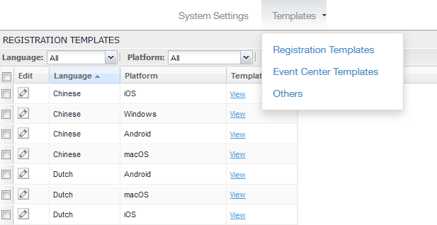Event Center templates dialog box
