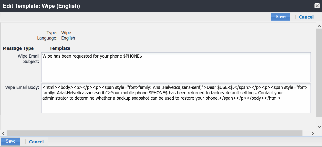 Edit Template: Wipe (English) dialog box 