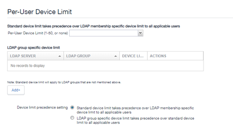 Registration page, Per-User Device Limit section