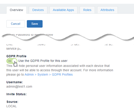 Screen shot displaying Use the GDPR Profile for this user enabled