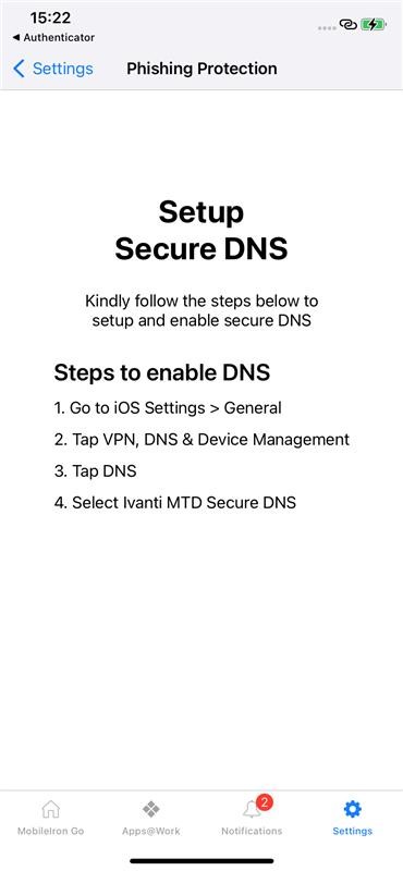 Screen shot showing the instructions iOS device users see to enable the Secure DNS profile
