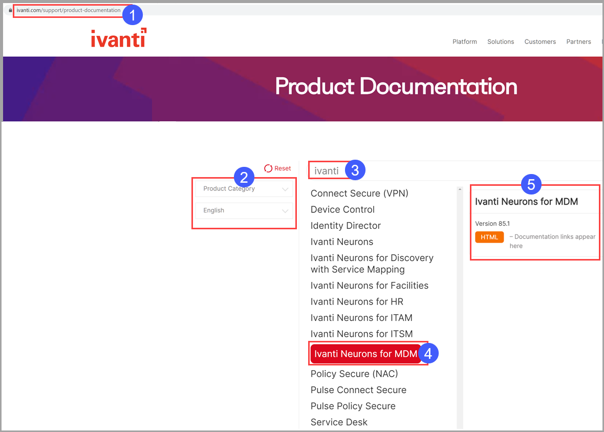 Illustrates how to find Ivanti Neurons for MDM documentation on the Ivanti Documentation portal.