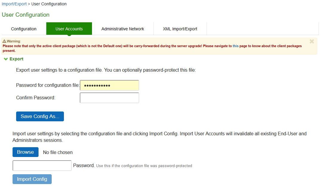 Binary Export User Configuration File Configuration Page