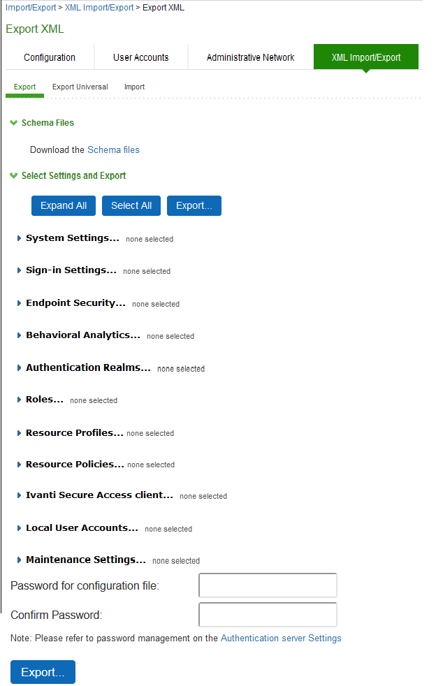 Export XML File Configuration Page